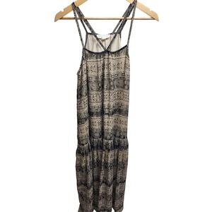 Staring at Stars Maxi‎ Dress Boho Print Tiered Strappy Beige Black M